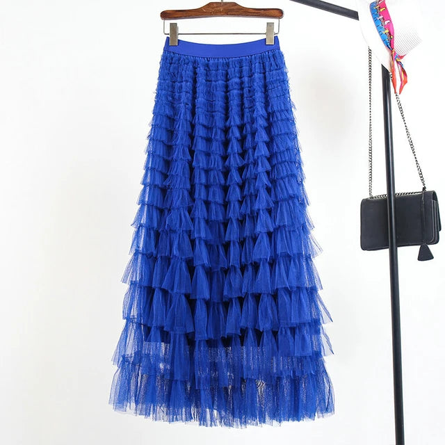 Tingfly Women Runway Fashion Layered Ruffles High Quality Mesh Sheet Midi Long A Line Skirts Casual Basic 4 Seasons Bottom Saias