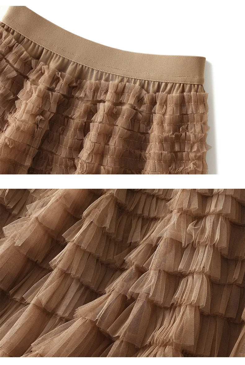Tingfly Women Runway Fashion Layered Ruffles High Quality Mesh Sheet Midi Long A Line Skirts Casual Basic 4 Seasons Bottom Saias